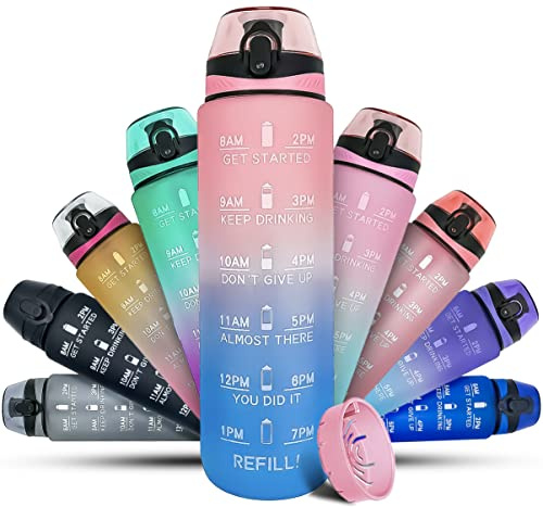 Active 100 Sport Trinkflasche 1L mit motivierender Zeitmarkierung, Wasserflasche 1L Auslaufsicher BPA-frei ungiftig für Laufen, Radfahren, Fitnessstudio, Schule & Büro
