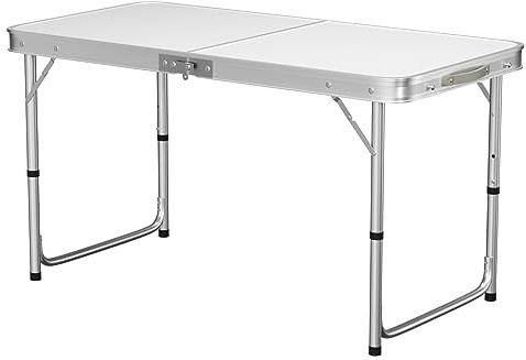 Rigogo 120cm Faltbarer Campingtisch, tragbarer Faltbarer Picknicktisch mit stabilen Aluminiumbeinen und Tragegriff, leicht für den Innen-Außenbereich, 3 Höhenniveau 70/62/55cm, 120x60x70cm, Weiß