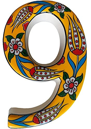 Grande cartello in ceramica per inaugurazione della casa cartello per indirizzo in ceramica cartello per numero civico,cartello per porta personalizzato decorato a mano (Yellow, 9)
