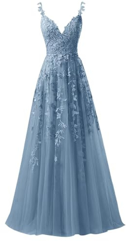 Sincemeet Spaghettiträgern Tüll Ballkleider Lang Spitzenapplikationen Hochzeitskleid V-Ausschnitt Abendkleider