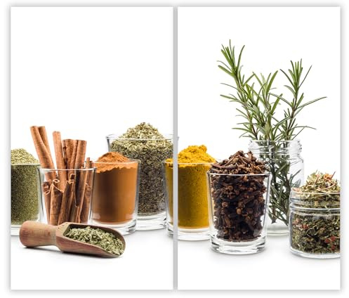 SMTDeco Herdabdeckplatte 2×30×52 cm – ESG gehärtetes Glas, kratzfest & rutschfest – Spritzschutz & Schneidebrett – für Induktion/Ceranfeld – 2-teilig, Motiv Kräuter Glas Grün