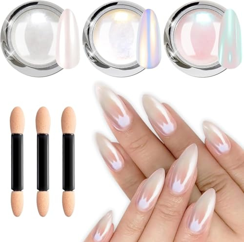 LEDSUUEI Weiße Perle Chrom Nagelpuder, 3PCS Aurora Ice Shimmer Chrome Nail Powder, Chrome Pigment Pulver für Nägel, Glazed Donut Glitzerpuder Nails Spiegeleffekt Glitter Pulver für Nail Salon