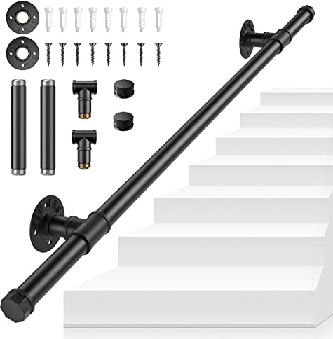 Handrails for Stairs, SenDeluz 1M Metal Stair Handrail for Indoor Outdoor Wall Mounted Handrail Non-Slip Galvanized Iron Industrial Pipe Stair Rail for Wear-Resistant, Corrosion-Resistant