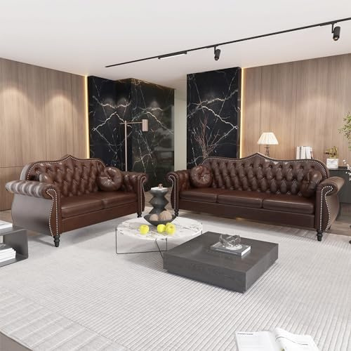 AVZEAR Chesterfield 2-Piece Living Room Sectional Sofa Set, Mid-Century Modern Upholstered PU Sofa Couch, Classic Tufted Button Sofa with Nailhead Trim for Living Room, Office (2+3 Seat Brown)