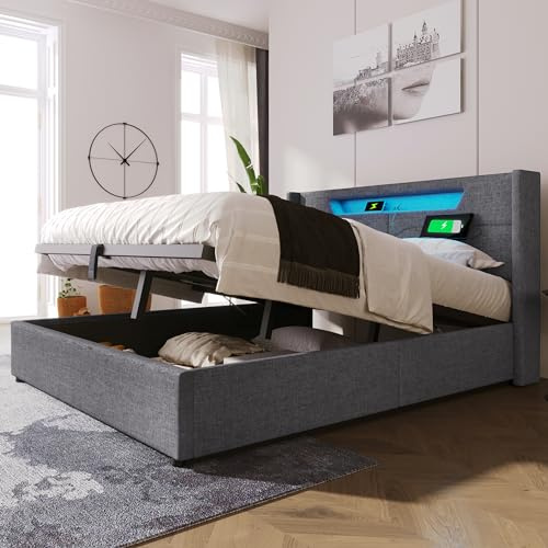 Merax Polsterbett 160x200cm, Doppelbett mit Stauraum und Lattenrost, LED Kopfteil mit USB Ladefunktion, Hydraulisch Stauraumbett Funktionsbetten Bettgestell, Leinen, Jugendbett, ohne Matratze, Grau
