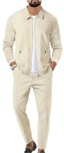 Veriliss Men's Tracksuits 2 Pieces Waffle Soft Hoodies Sweatsuit Sets Workout Top & Bottom Sets Sports Jogging Suit Set Trendy Catdigna Jacket Suit Summer Outfits(Apricot,S)