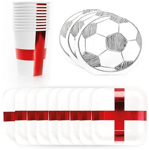 England Football Party Set - 40pc Set - England Flag Square Paper Plates, England Flag Paper Cups and Football Shaped Napkins - English Sport Supporters Party Tableware Set