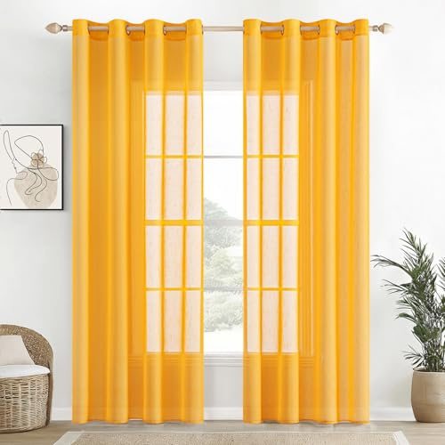 EMEMA Voile Vorhang Sheer Leinenvorhang Transparente Leinen Gardinen Ösenschal Wohnzimmer Wohnzimmer Modern 2er Set Fensterschal Dekoschal Schlafzimmer mit Ösen 140 x 245cm (B x H) Gelb