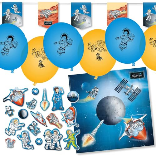 Deko-Set * ASTRONAUT UND WELTRAUM * für Kindergeburtstag, Mottoparty und Party | 77 Teile mit Servietten + Konfetti + Wimpelkette + Luftballons | Kinder Deko Partydeko (Major Tom)
