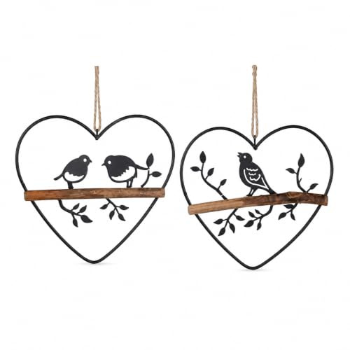 formano 2er Set Herzhänger mit Vogel für Fensterdeko Metall schwarz 20 cm