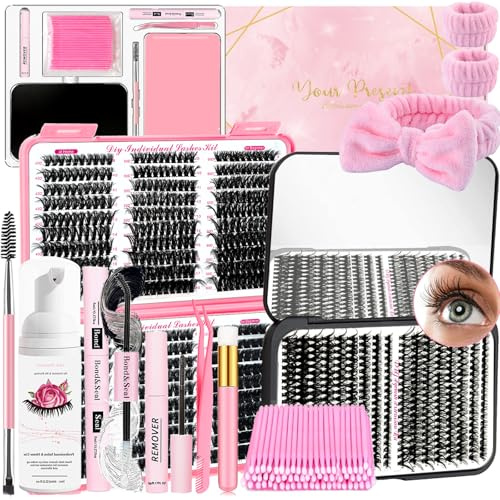 QUKLOGEN DIY Kit de Extensión de Pestañas Fluffy 900 Piezas 9-18mm D Curl Pestañass,Pegado y Sellado de Pestañas,Eliminación de Pestañas,Champú Cepillo,Pinzas,Bandas de Lavado,Lash Cepillo,Aplicador