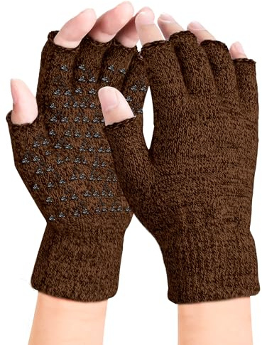 Winter Rutschfester Fingerlose Handschuhe, Thermisch Half Finger Handschuhe, Anti-Rutsch Sporthandschuhe Fingerhandschuhe Warme Dehnbare Strickhandschuhe für Herren Damen（Braun