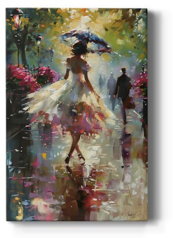 Renditions Gallery Abstract Artwork for Home Decorations Woman with Umbrella walking during Rainy Evening Canvas Wall Hangings for Office Bedroom Kitchen - 12 X 18 LT567