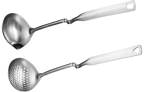 SHOWERORO 2pcs Stainless Steel Slotted Spoon Soup Ladle Cooking Utensils Long Handle Wall Hook Oil Separator and Soup Skimmer for Kitchen Cooking