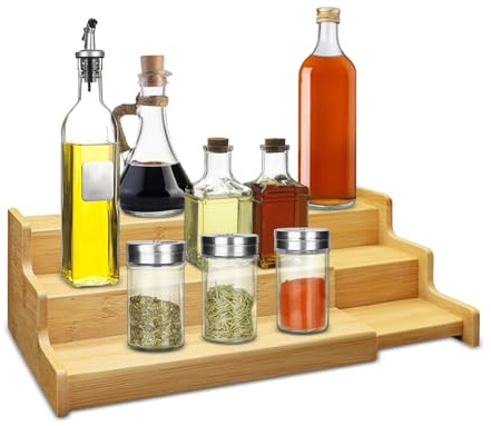 Yeelua 3-Tier Extendable Spice Rack, Bamboo Step Shelf Storage Holder Free Standing Spice Organiser Kitchen Storage Rack for Kitchen Cabinet, Cupboard, Pantry and More-Bamboo