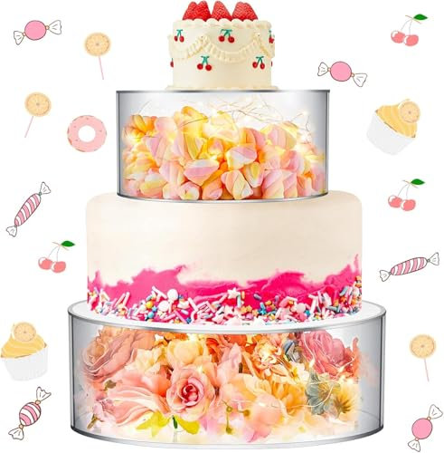 DIGIELE Présentoir à gâteau, 2 Pièces Planches Gâteaux en Acrylique pour Table à Dessert Cupcakes, Cylindre Transparent Remplissable Rond avec LED Décoratif pour Anniversaire, Mariage et Fête(8 10)