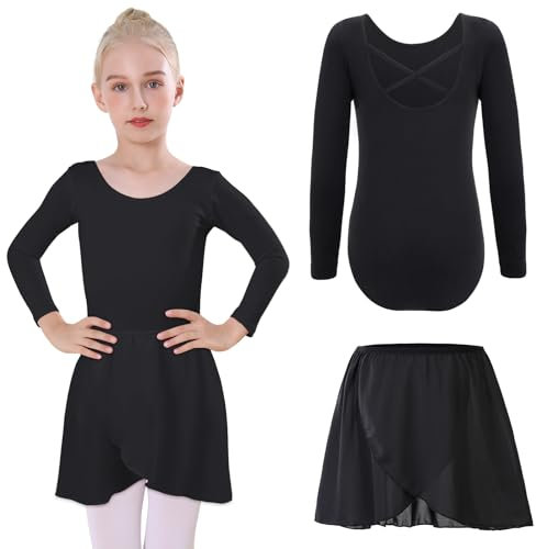 Bezioner Ballettkleidung mädchen mit Abnehmbarem Ballettrock Tanzbody Langarm Balette Kleidung Mädchen Ballettanzug Kinder Schwarz 130(8-10 Jahre, 130-140 cm)