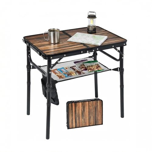 Geastsheng Small Folding Camping Table, 2ft Portable Picnic Table Aluminum 24 x 16 Folding Table, 3 Adjustable Heights Portable Lightweight Table Dining Table for RV, Picnic, Beach (Wood Grain)