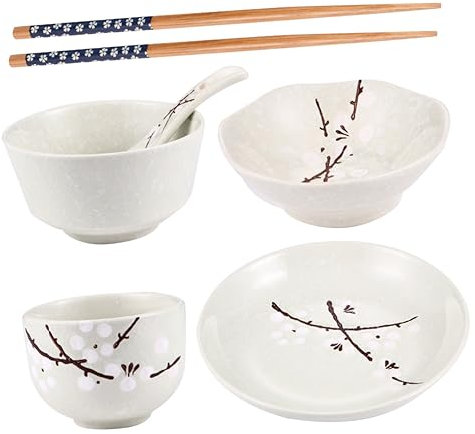 Cabilock Vajilla Japonesa Para Uso Individual Cerámica Con Motivo Flor De Ciruelo Incluye Cuenco Plato Taza Cuchara y Palillos Diseño Elegante y Versátil Para Comidas Diarias