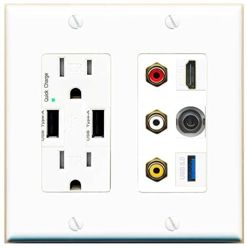 RiteAV 3 placas de pared RCA compuestas HDMI de 3,5 mm, USB 3.0, cargador USB [blanco]