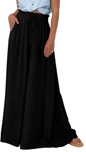 EIRUKON Byxor dam breda ben sommarbyxor lätta palazzobyxor eleganta breda byxor bekväma säckig hög midja fritidsbyxor boho blomma/enfärgade tygbyxor strandbyxor med fickor, B-Svart, S