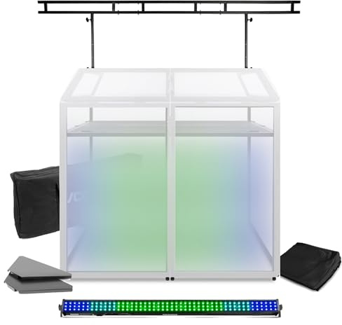 VONYX DB3 Mobile DJ Booth Stand with Portable Folding Design, Corner Shelves, Light Bridge, LED Strip Light and Black & White Lycra Covers for Professional Events