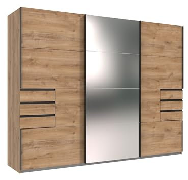 möbelando Schwebetürenschrank >Saigon< in Plankeneiche Nachbildung, 270 cm Breit, 208 cm Hoch, 64 cm Tief mit 3 Türen, 1 Spiegeltür, 6 Schubladen, 6 Einlegeböden, Made in Germany