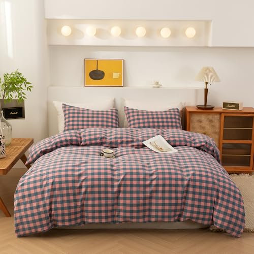 ECOCOTT Duvet Cover Set, 100% Washed Cotton Linen-Like Soft & Breathable, Durable Comfy Bedding Set for All Seasons King Size, Purple Pink Plaid