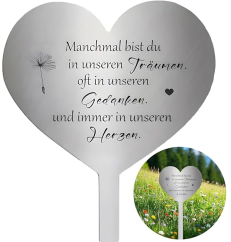 Grabstecker Metall Herz mit Spruch Manchmal Bist du in Unseren Träumen, Oft in Unseren Gedanken und Immer in Unseren Herzen | Wetterfester Grabschmuck | Grabdekoration Dekoherz für Andenken & Trauer