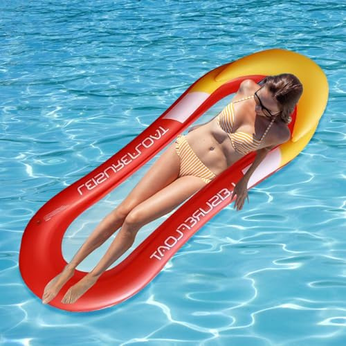 Ajuanbazha Aufblasbare Wasserhängematte mit Netz Kopfstütze, Floating Lounge, Luftmatratze für Pool, Strand, See, Partys Freizeit, Ideal für Erwachsene Kinder (Rot)
