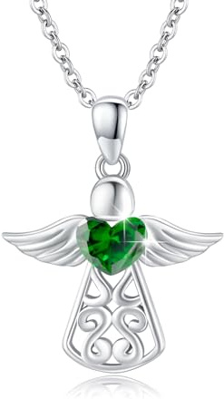 OHAYOO Skyddsängelkedja för kvinnor 925 sterlingsilver födelsesten ängel hänge kedja skyddsängel födelsesten halsband ängel smycken gåvor för kvinnor flickor mamma, Einheitsgröße, Sterlingsilver