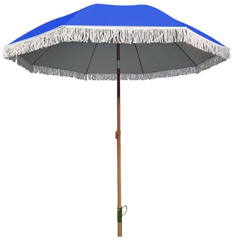 YCBTPS Parasol De Plage avec Franges De 2m, Parasol De Terrasse Robuste avec Poteau Inclinable, D'extérieur Parapluie De Jardin avec 8 Baleines(Blue)