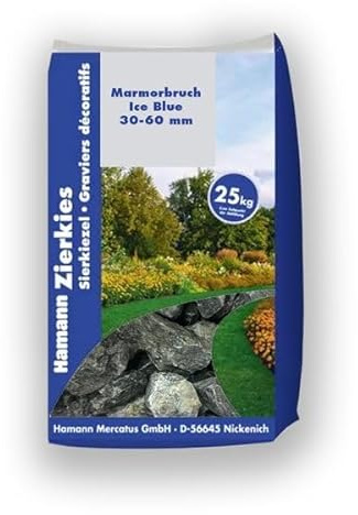 Hamann Mercatus GmbH Marmorbruch Ice Blue 30-60 mm 25 kg Hochwertiger Naturmarmor witterungs- & frostbeständig Langlebig, pflegeleicht & farbstabil Garten Einfahrt Hof Beet