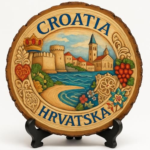 Cadeau souvenir Croatie – Plaque tranche de bois pour mur ou table, cadeau souvenir Croatie (Hrvatska) pour touristes, collectionneurs d'assiettes et amateurs de voyage, vue côtière à couper le