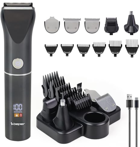 BEPER P304CAP050 Set de Recortadora Multifunción TrimX 12 – Cortapelos, Recortador de Barba, Recortador de Nariz y Orejas – 12 Accesorios Incluidos, Cuchillas de Acero, Pantalla LED, Recargable