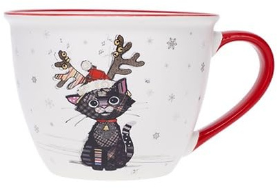 KIUB Bol timbale avec une anse - Motif chat noir fêtant Noël - matière porcelaine - contenance 550ML