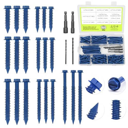 Mostantu 160Pcs 1-1/4 to 2-3/4 Concrete Screws with Drill Bit and Driver bit Kit, Hex Head Concrete Cement Screws Anchor for Anchoring to Masonry, Block or Brick Stucco (1-1/4 to 2-3/4)