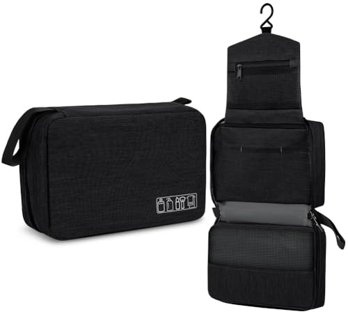 ALIIP Trousse de Toilette de Voyage, Sac de Rangement Pliable pour Hommes et Femmes, Trousse de Toilette à Suspendre, Trousses de Toilette étanche, 28.4 x 22.6 x 8.1cm, Accessoires de Toilette, Noir