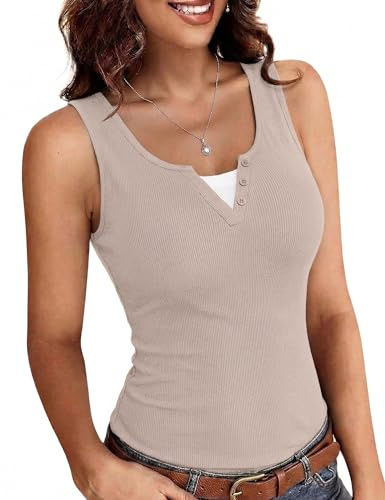 Totatuit Top Mujer Verano Sin Mangas Cuello en V Ajustado Canalé Camiseta Básica Sexy Estilo Chic Casual Albaricoque，S