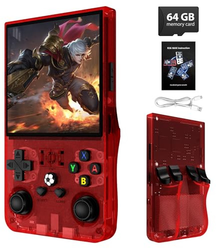 R36MAX Retro Handheld Game Console, 4.0 Inch IPS Screen, 64GB Memory, Portable Arcade Video Gaming Console Gift for Adults, Maple Leaf red