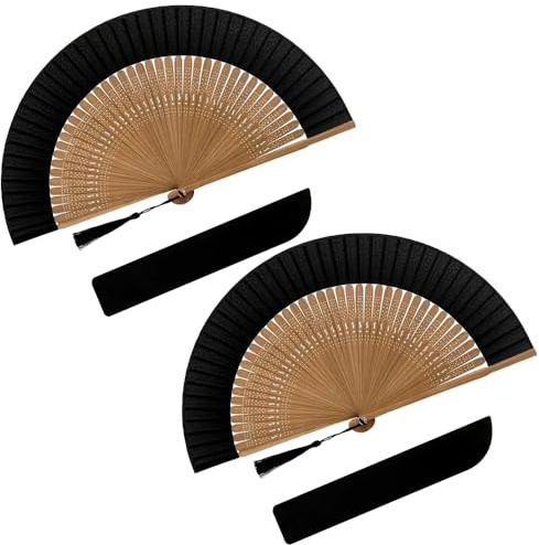 2 Pack Large Folding Hand Fan Clack Fan for Women Men, Bamboo Carved Frame Nylon Fabric Hand Held Fan with Pouch, Rave Festival Fan for Dance Party Pride Disco Wedding Performance Cooling (Black)