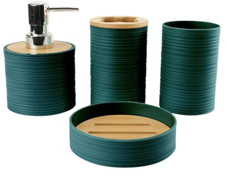 NonMiFyR 4 Piezas Set de Accesorios de Baño Dispensador de Jabón Porta Cepillos Vaso para Enjuague Jabonera Material Plástico Resistente Adecuado para Hogar, Verde Oscuro, Individual