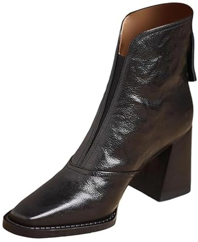 Botas de tobillo retro para mujer, botas cortas de tacón alto para mujer, estilo retro, a la moda, apiladas, con cremallera trasera, antideslizantes, zapatos de vestir para citas casuales, Black, 35.5