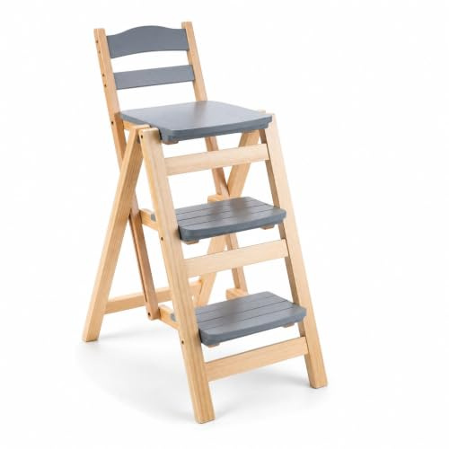 FytStycale Wooden Folding Step Stool Solid Wood Three Step Ladder Stool Foldable for Adults, Homeowners, Kitchen, Pantry, Small Apartments, Starry Grey