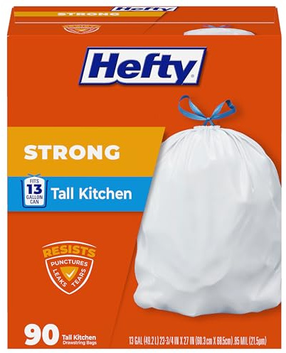 Hefty Strong 13 Gallon Trash Bags, Tall Kitchen Trash Bags, UnscentedLarge Trash Bags with Drawstrings, Durable Closure, Resists Leaks, Punctures, and Tears, White, Unscented, 90 Bags