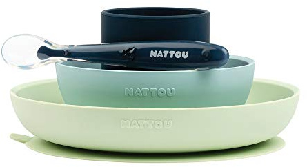 Nattou Stoviglie in silicone per bambini, 4 pezzi, piatto + ciotola antiscivolo, senza BPA, silicone, verde/blu