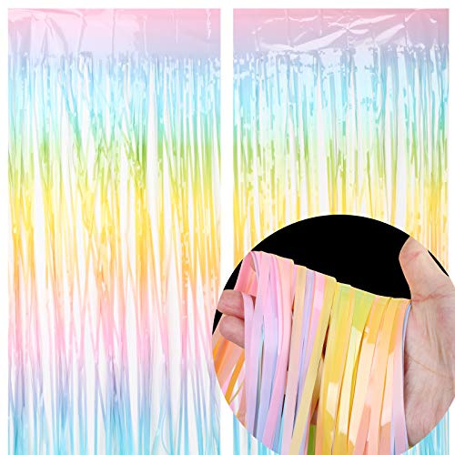 Lametta Vorhang Regebogen Bunt 2 Pack Glitzer Vorhang Metallische für Einhorn Party Geburtstagsdeko Folie Hintergrund als DIY Photo Booth Tür Fenster Foto Hintergrund Dekorationen