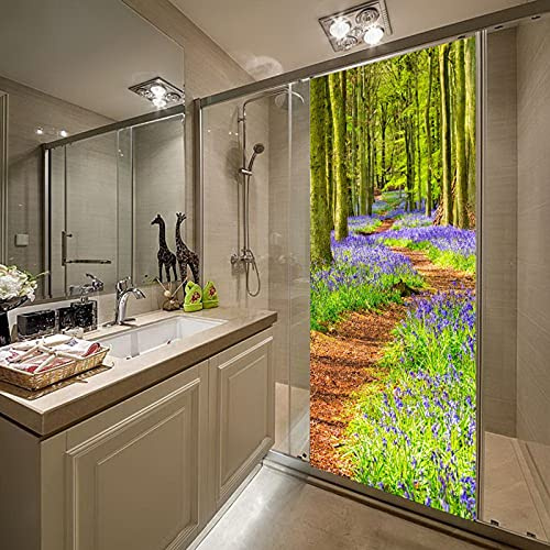 A.Monamour Türtapete Selbstklebend Türfolie Türposter 3D Bluebells Teppiche In Belgien Bäume Blumen Waldweg Natur Vinyl Folie Türdeko Tapete Wandbild Türaufkleber Türtattoo 95 x 215 cm