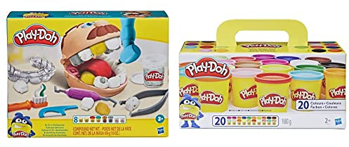 Play-Doh F1259 Zahnarzt Dr. Wackelzahn, Spielzeug für Kinder ab 3 Jahren mit Kariesknete und metallfarbener Knete, 10 Knetwerkzeugen, 8 Dosen à 56 g & A7924EUC Super Farbenset (20er Pack)