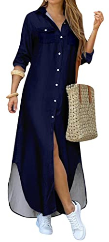 OMZIN Abito Lungo da Donna a Maniche Lunghe Elegante con Bottoni Camicia con Bottoni Abito Lungo con Tasche Blu Navy L